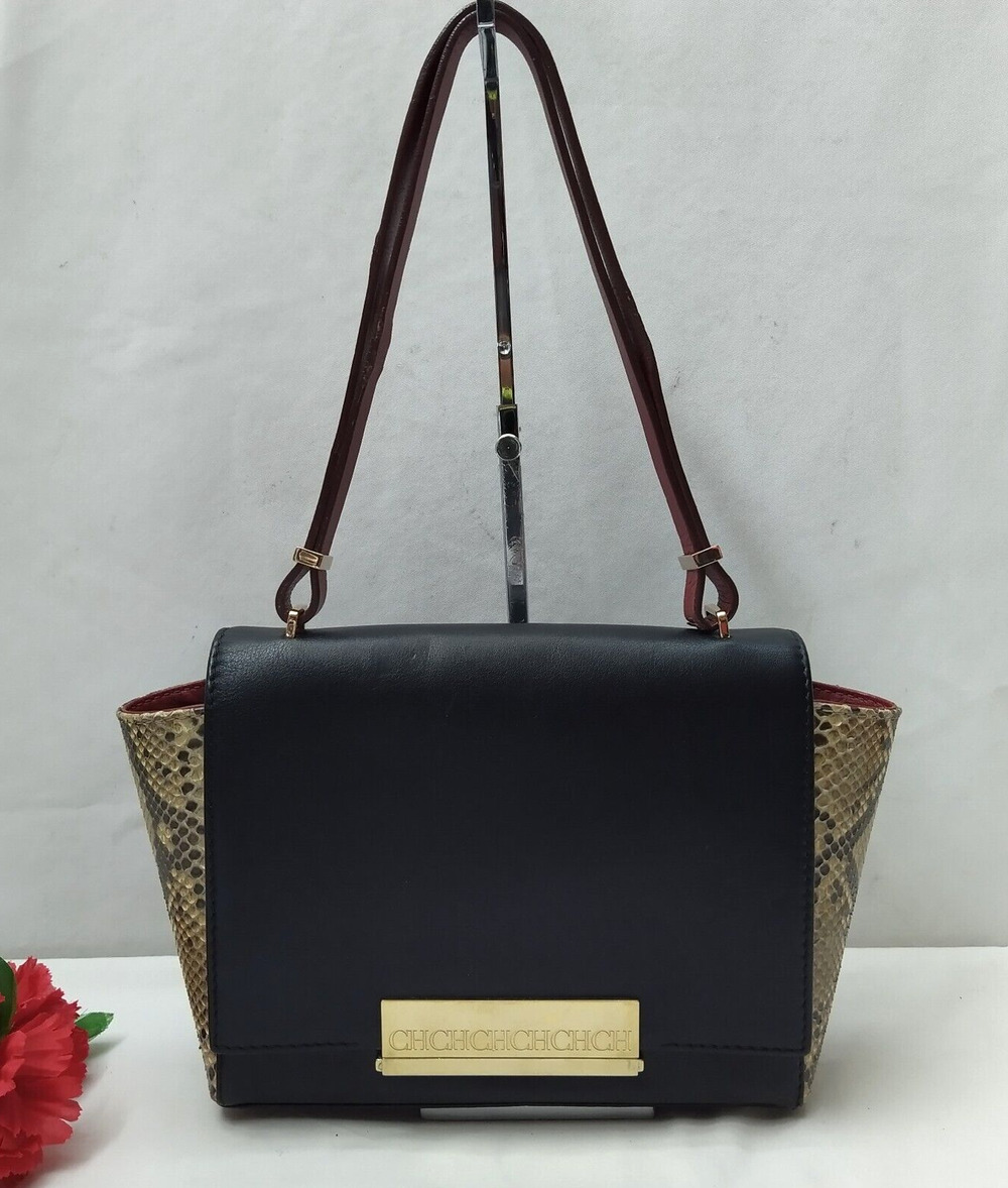 CH Carolina Herrera Black Leather Snakeskin Detail Pushlock Flap Shoulder Bag